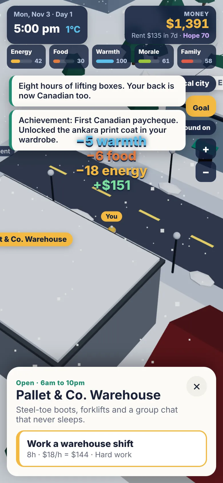 In the game: after a warehouse shift, floating numbers show plus 151 dollars and minus 18 energy, and an achievement unlocks a print coat.